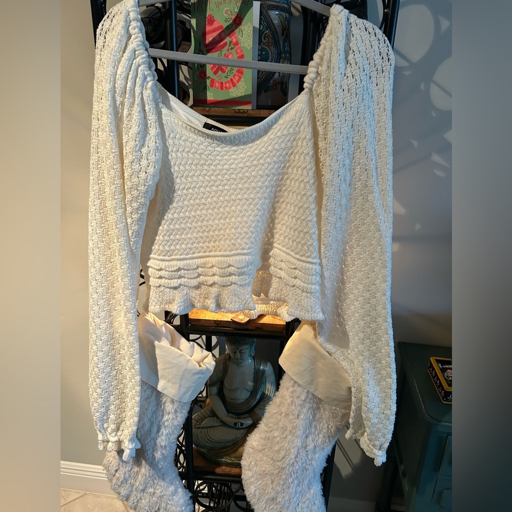 Aqua Off-the-Shoulder Cream Sweater